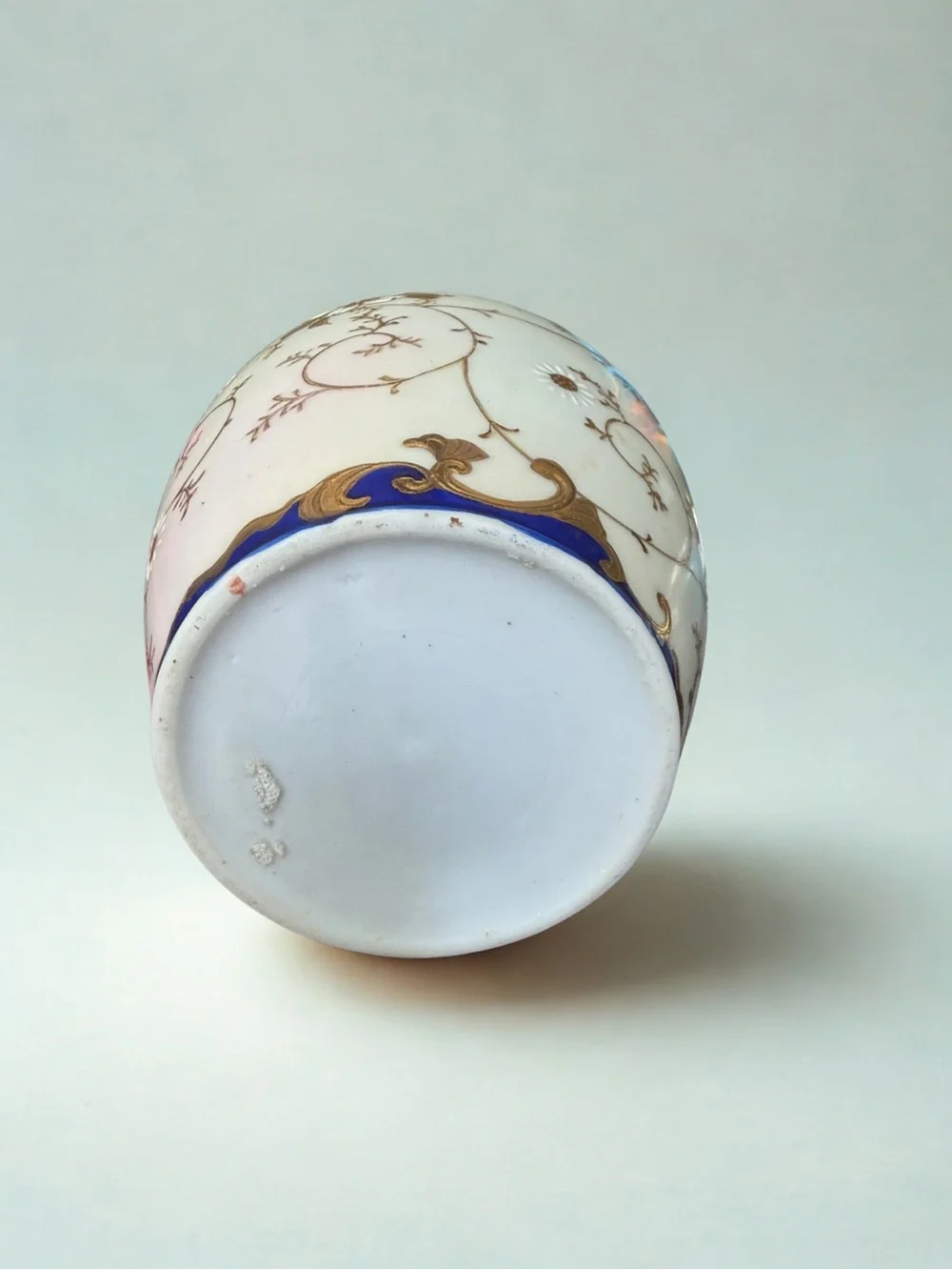 White and Cobalt Blue Porcelain Vase with Gold Floral Accents